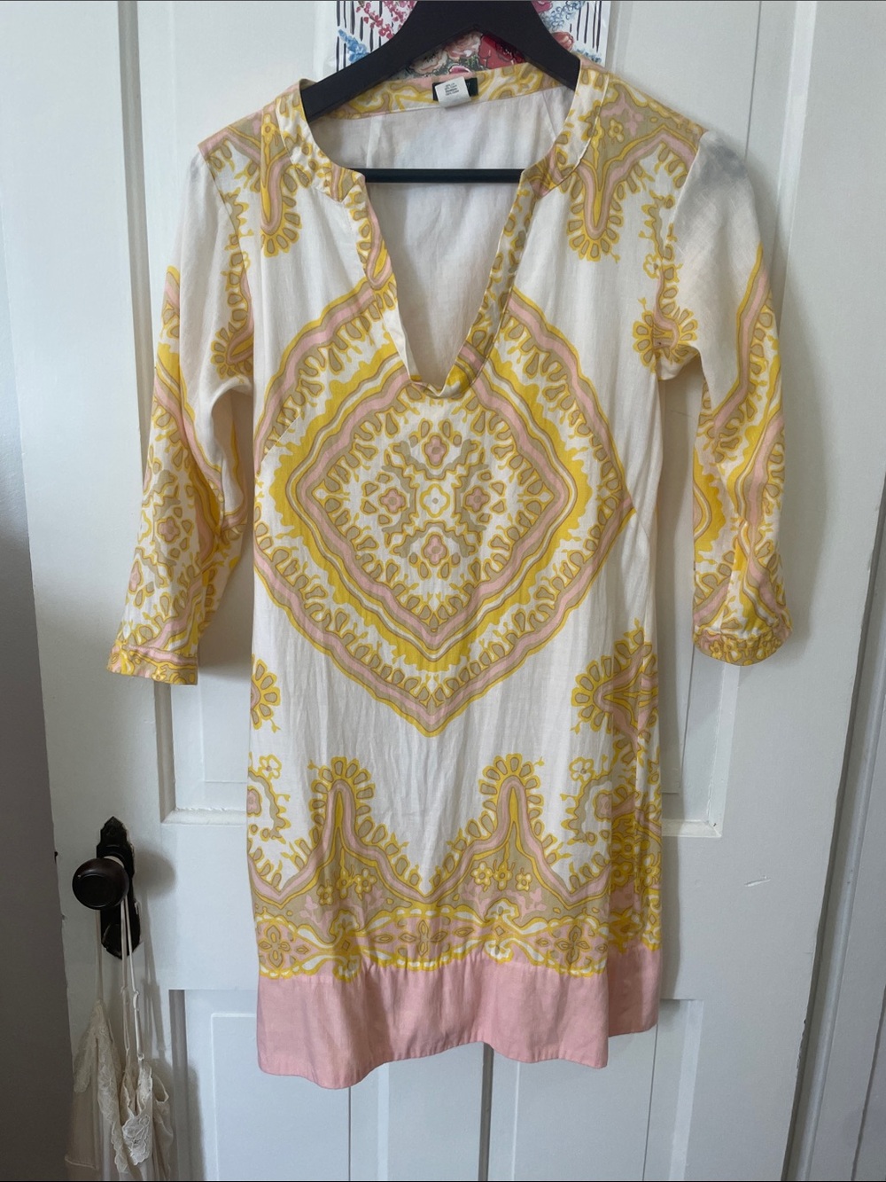J. Crew Cream Tunic Dress with Yellow Medallion Print and Pink Hem